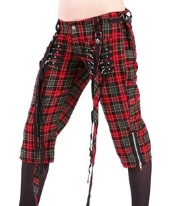 Punkové kalhoty dámské 7/8 červeno-šedý tartan