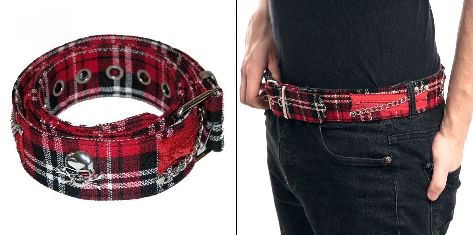 Opasek červený tartan s lebkami a zipy