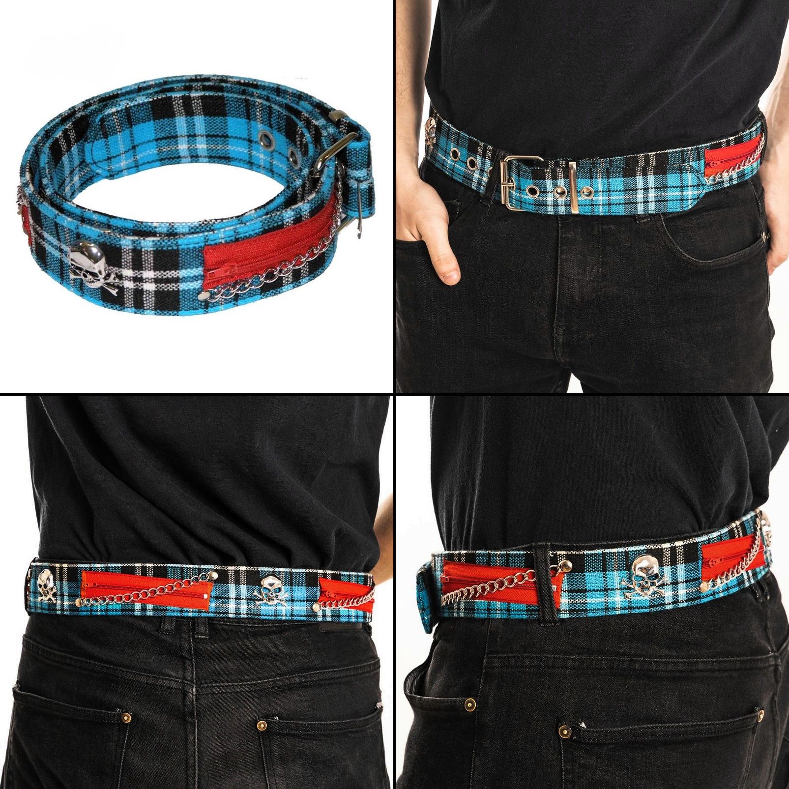 Opasek modrý tartan s lebkami a zipy