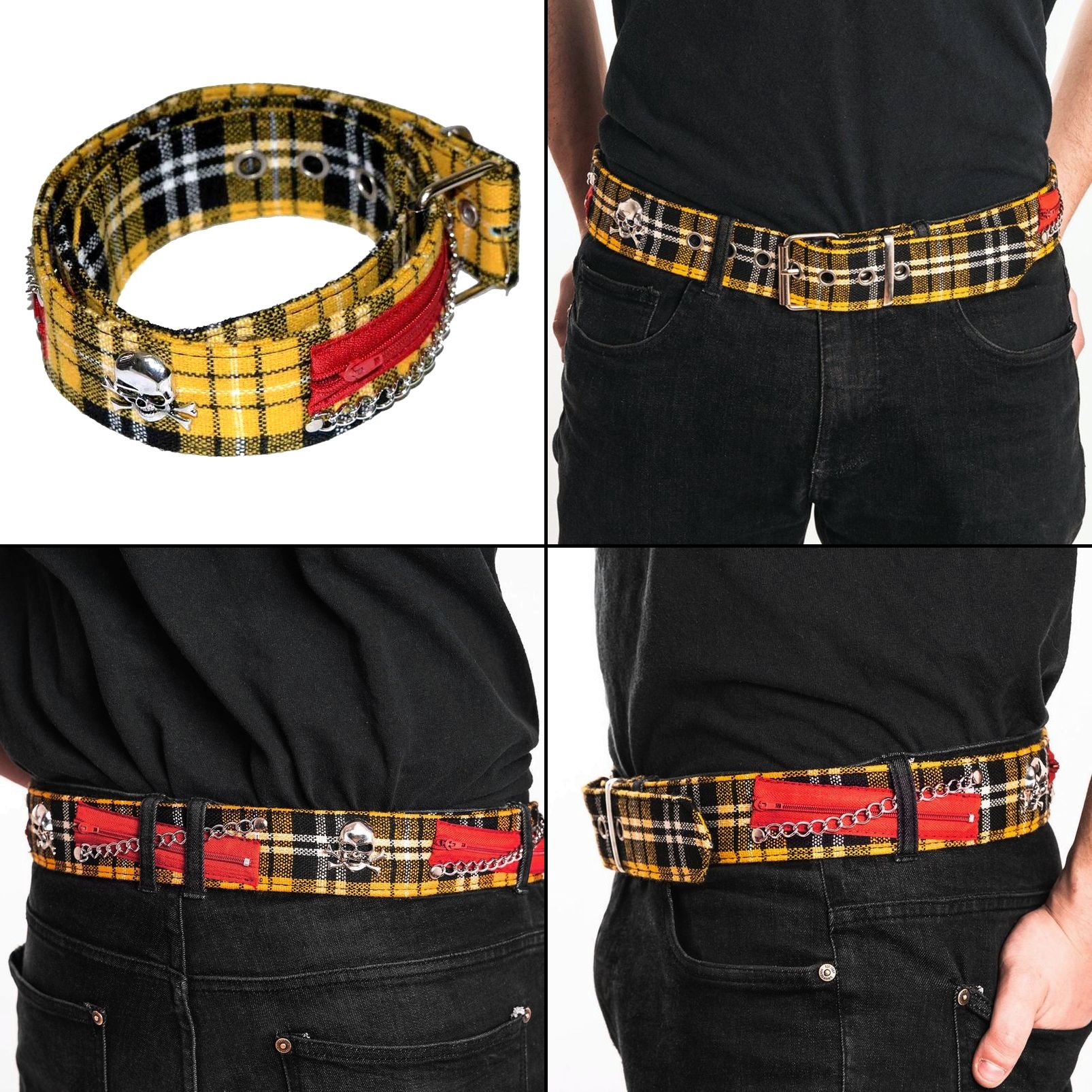 Opasek žlutý tartan s lebkami a zipy