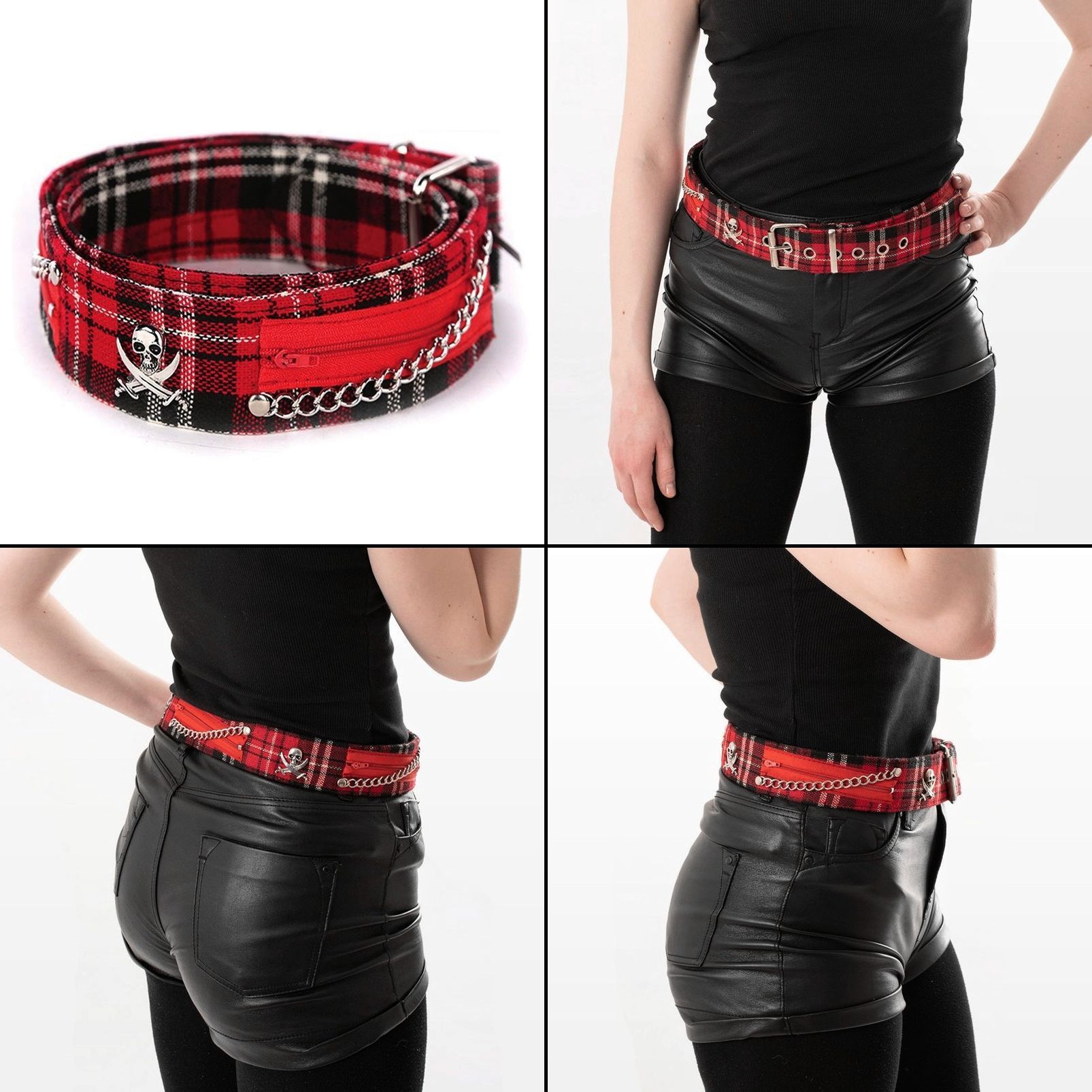 Opasek červený tartan s pirátskými lebkami a zipy