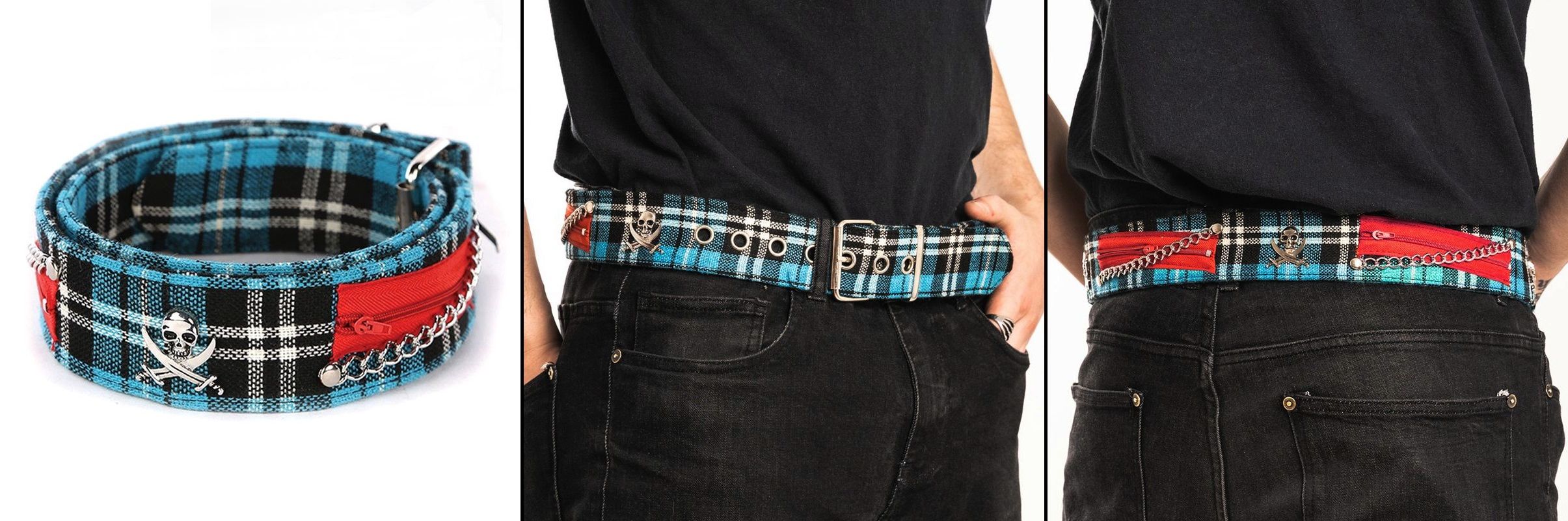 Opasek modrý tartan s pirátskými lebkami a zipy