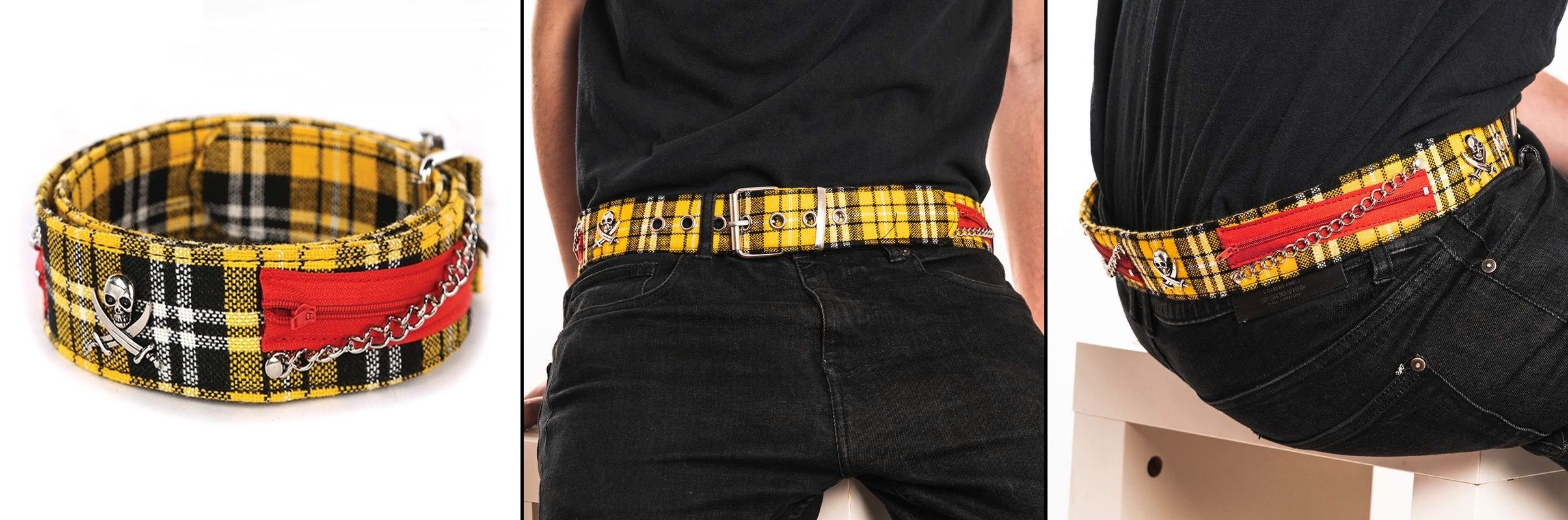 Opasek žlutý tartan s pirátskými lebkami a zipy