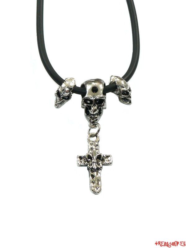 Přívěsek na šňůrce - Skull and Fleur De Lis Cross