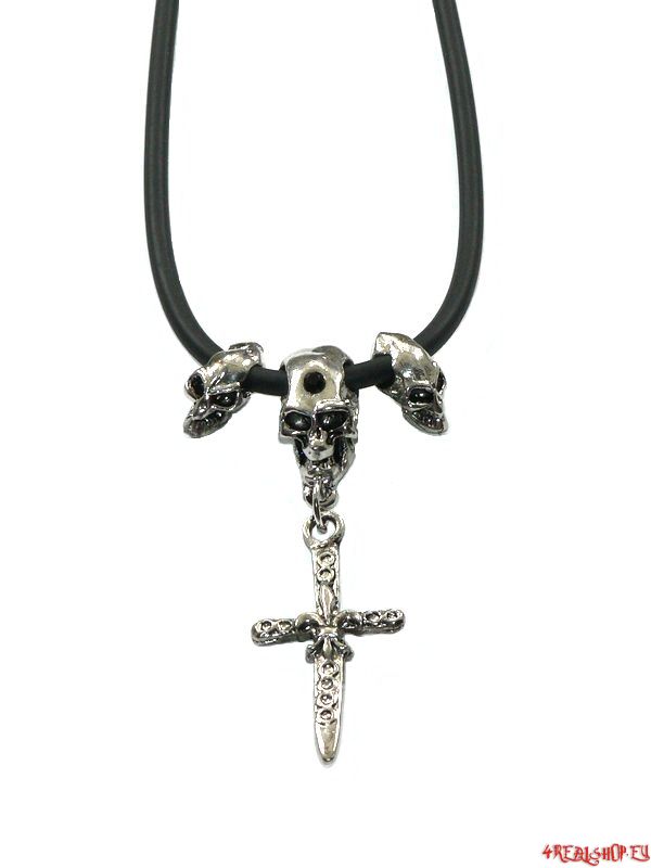 Přívěsek na šňůrce - Skull and Fleur De Lis Cross