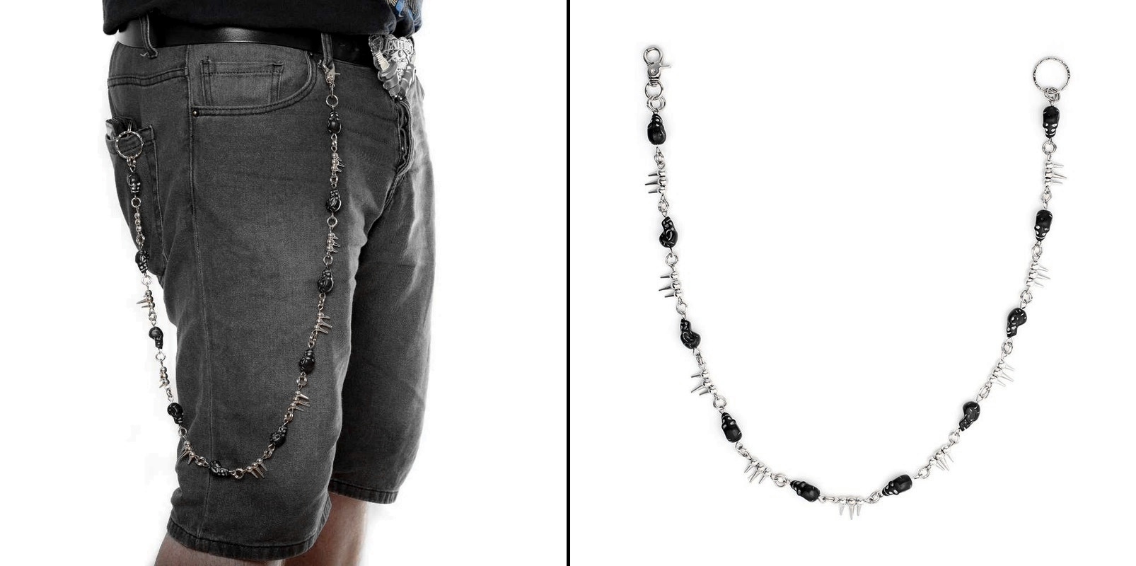 Řetěz na kalhoty s černými lebkami a hroty