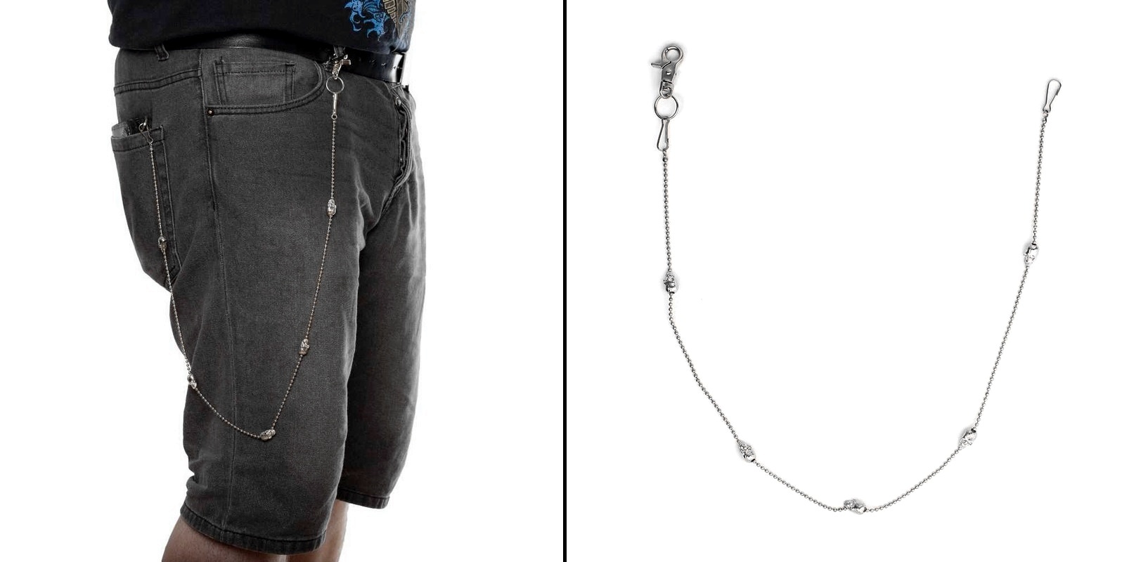 Řetízek na kalhoty kuličkový s lebkami