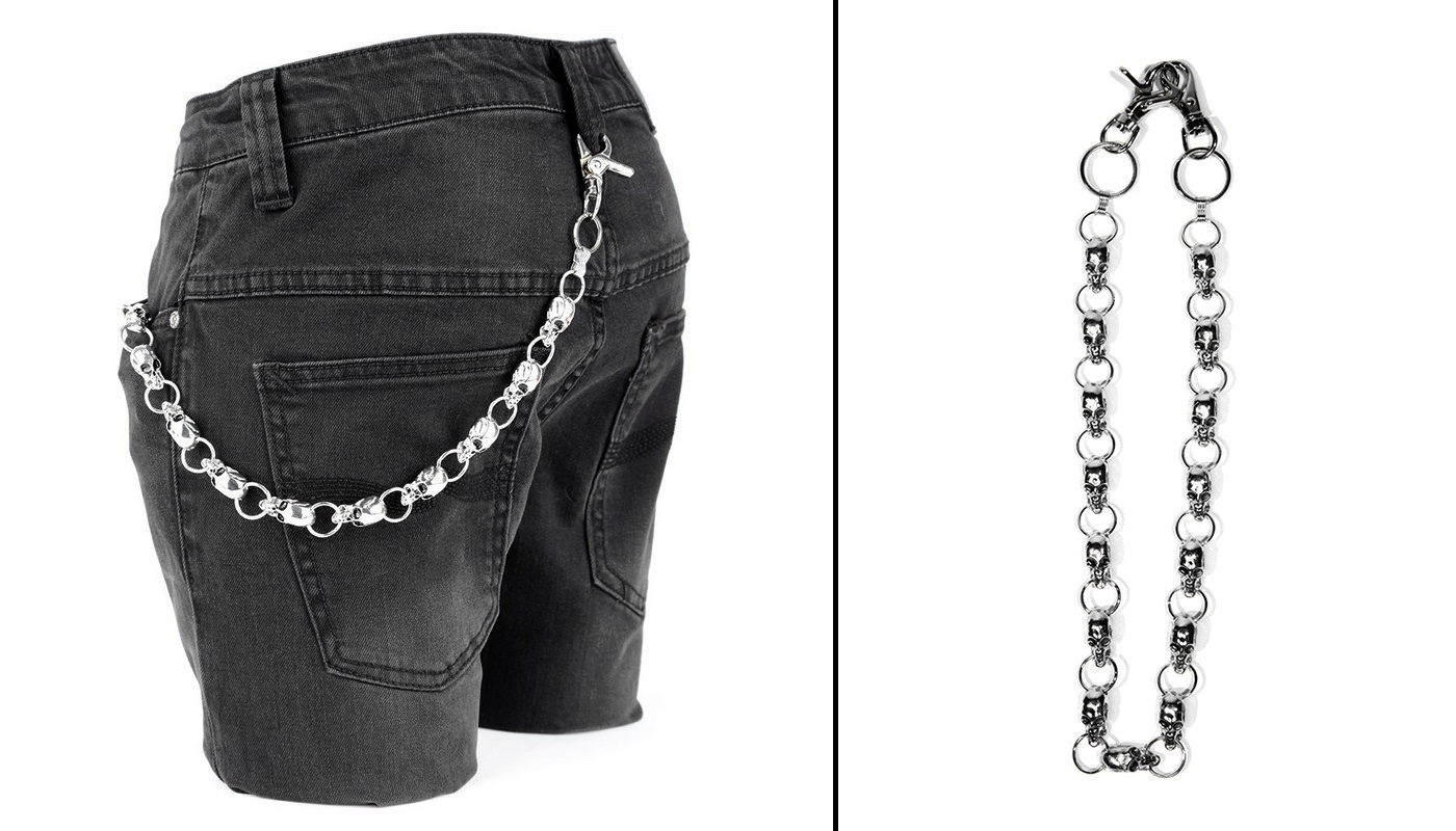 Řetěz na kalhoty s lebkami a kroužky