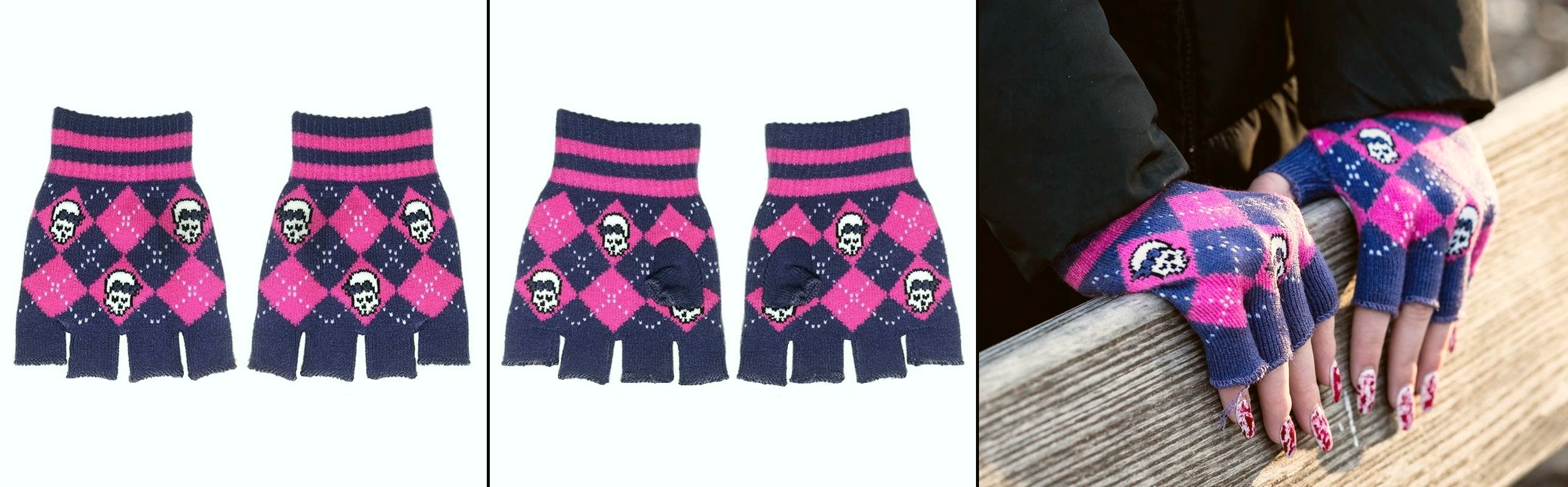 Rukavice bezprsté růžovofialové kárované s lebkami
