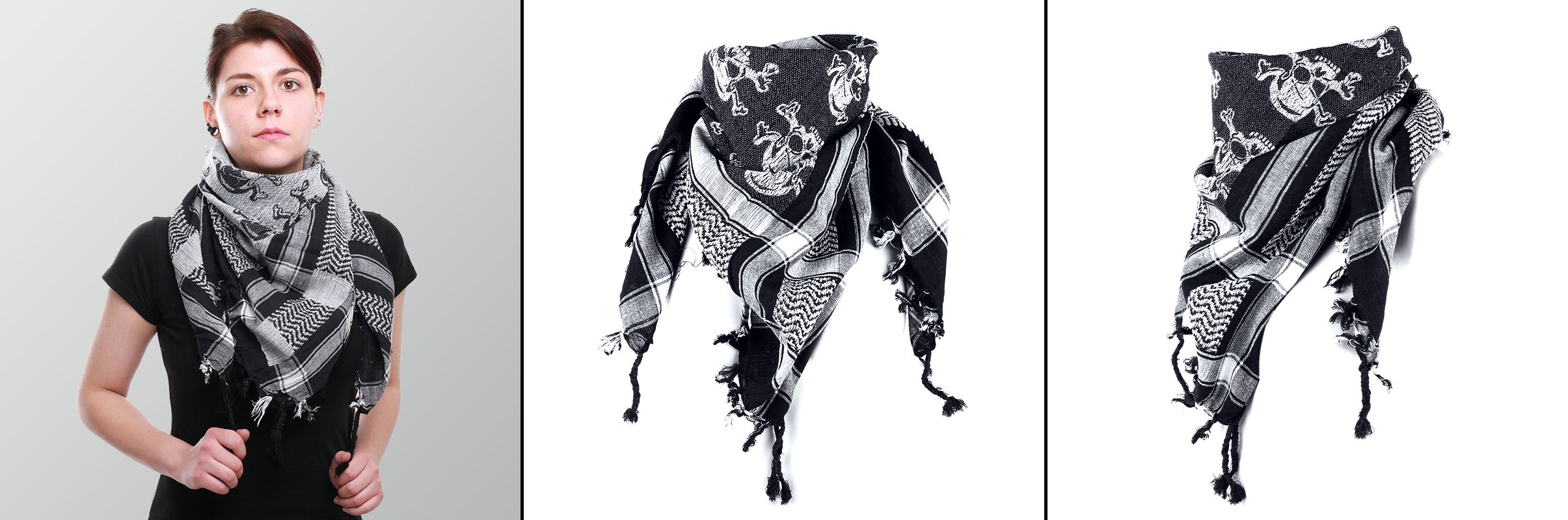 Šátek Arafat Palestina černo-bílý s lebkami
