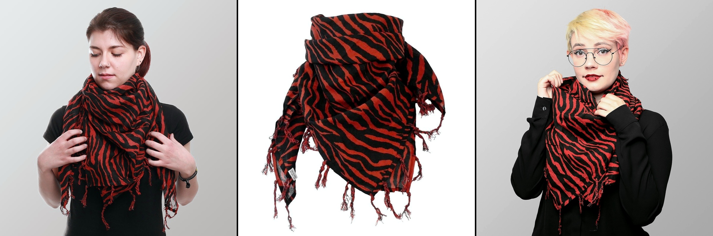 Šátek velký červená zebra s třásněmi 