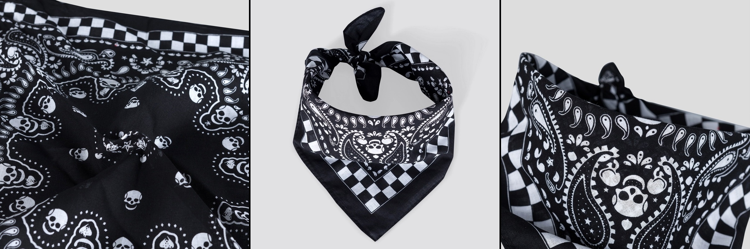 Šátek s paisley vzorem, lebkami a šachovnicí