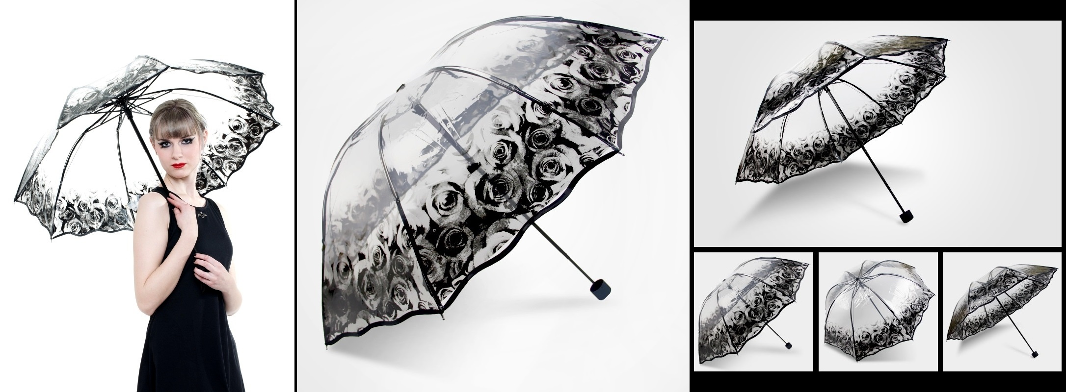 Gotický deštník průhledný skládací - Black Roses