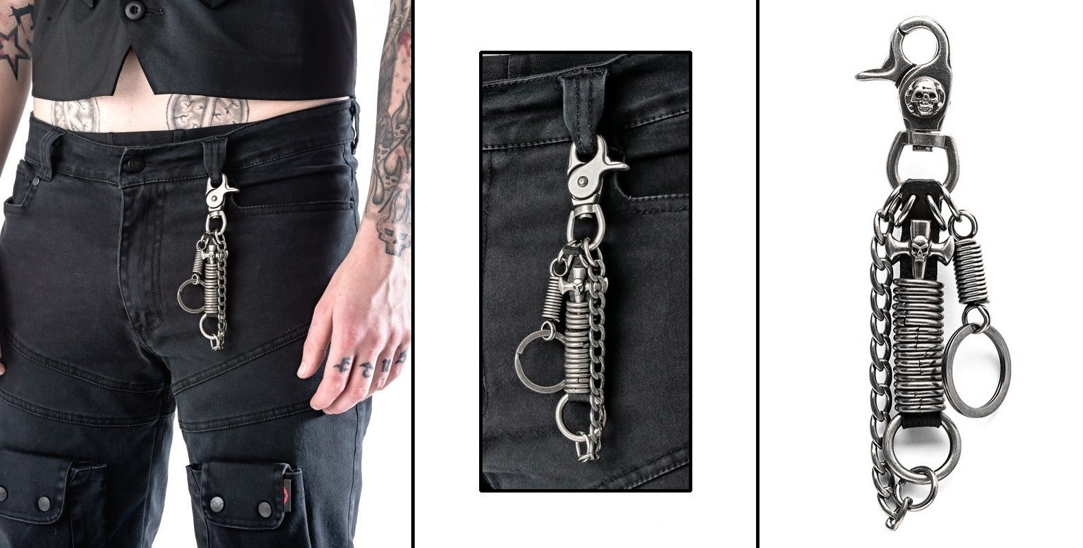 Klíčenka s pružinami, křížem s lebkou a řetízkem