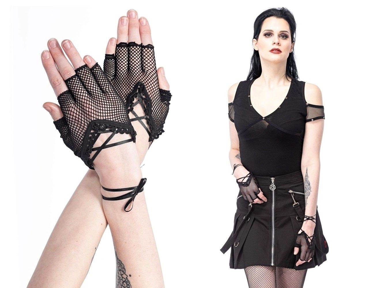 Gotické síťované bezprsté rukavice na zavázání