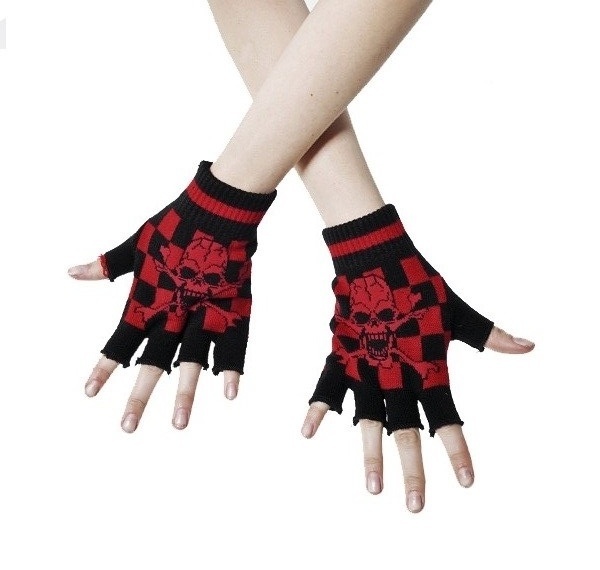 Gotické rukavice s červenou šachovnicí a lebkou