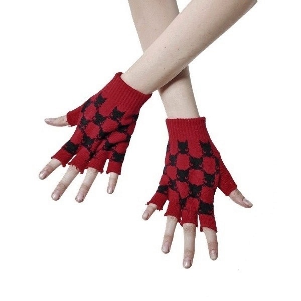 Gotické rukavice červené s kočičími hlavami
