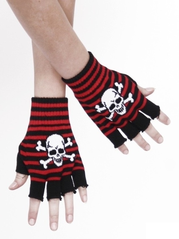 Gotické rukavice s červeným proužkem a lebkou