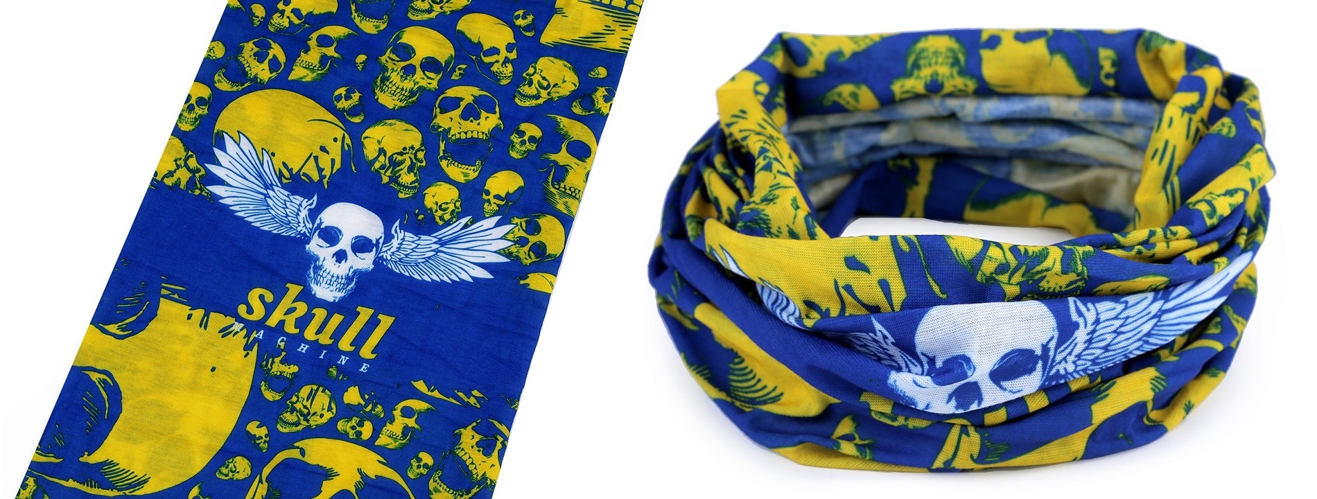 Šátek multifunkční modro-žlutý s lebkami