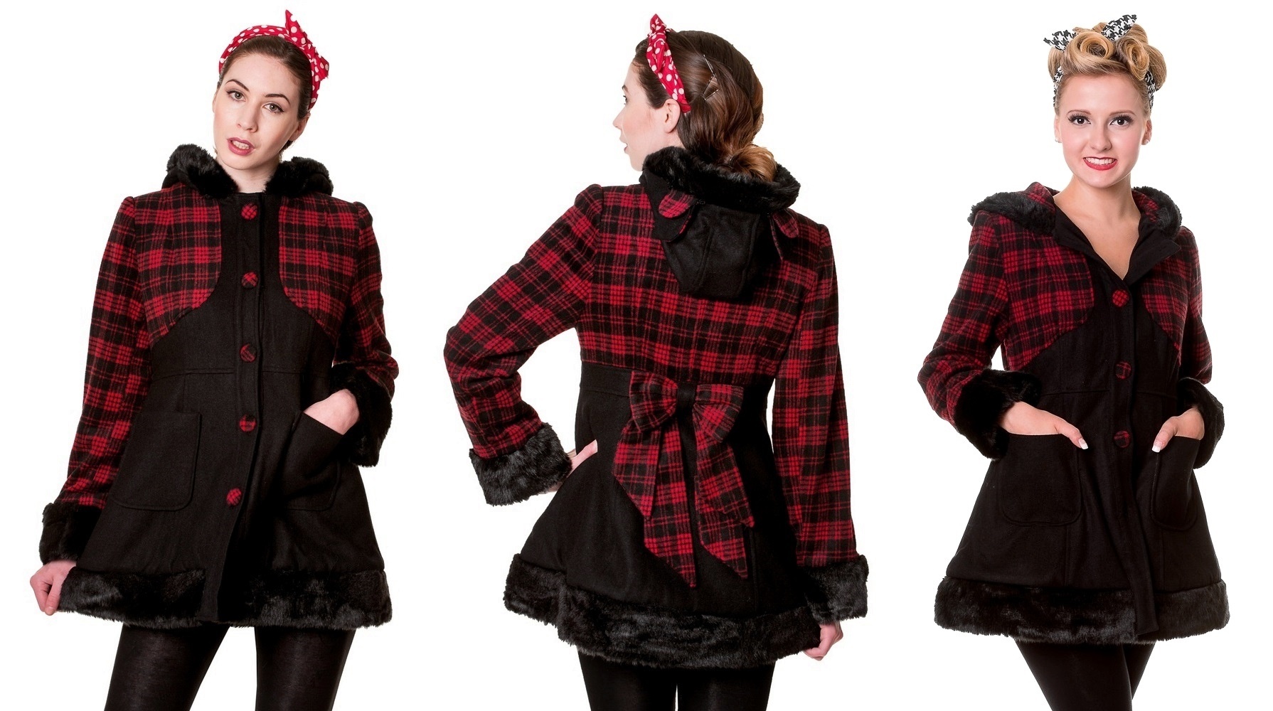 Gotický kabát dámský černý & červený kostkovaný
