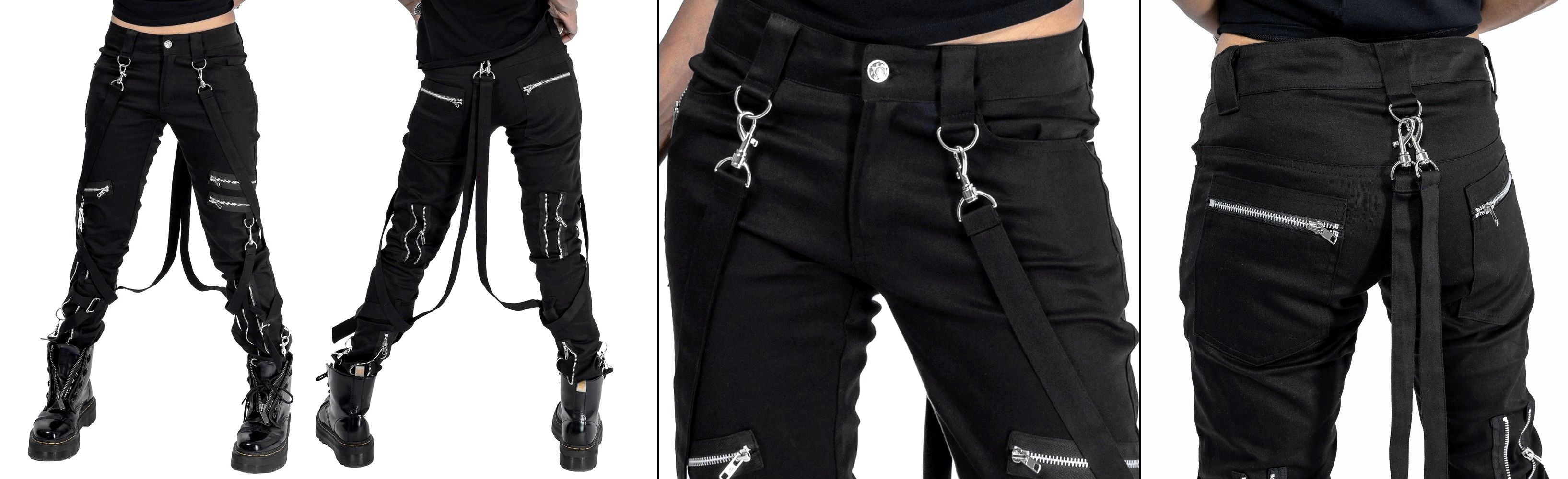 Rockové kalhoty dámské s popruhy a zipy