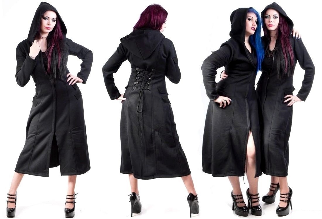 Gotický kabát dámský dlouhý s kapucí a šněrováním