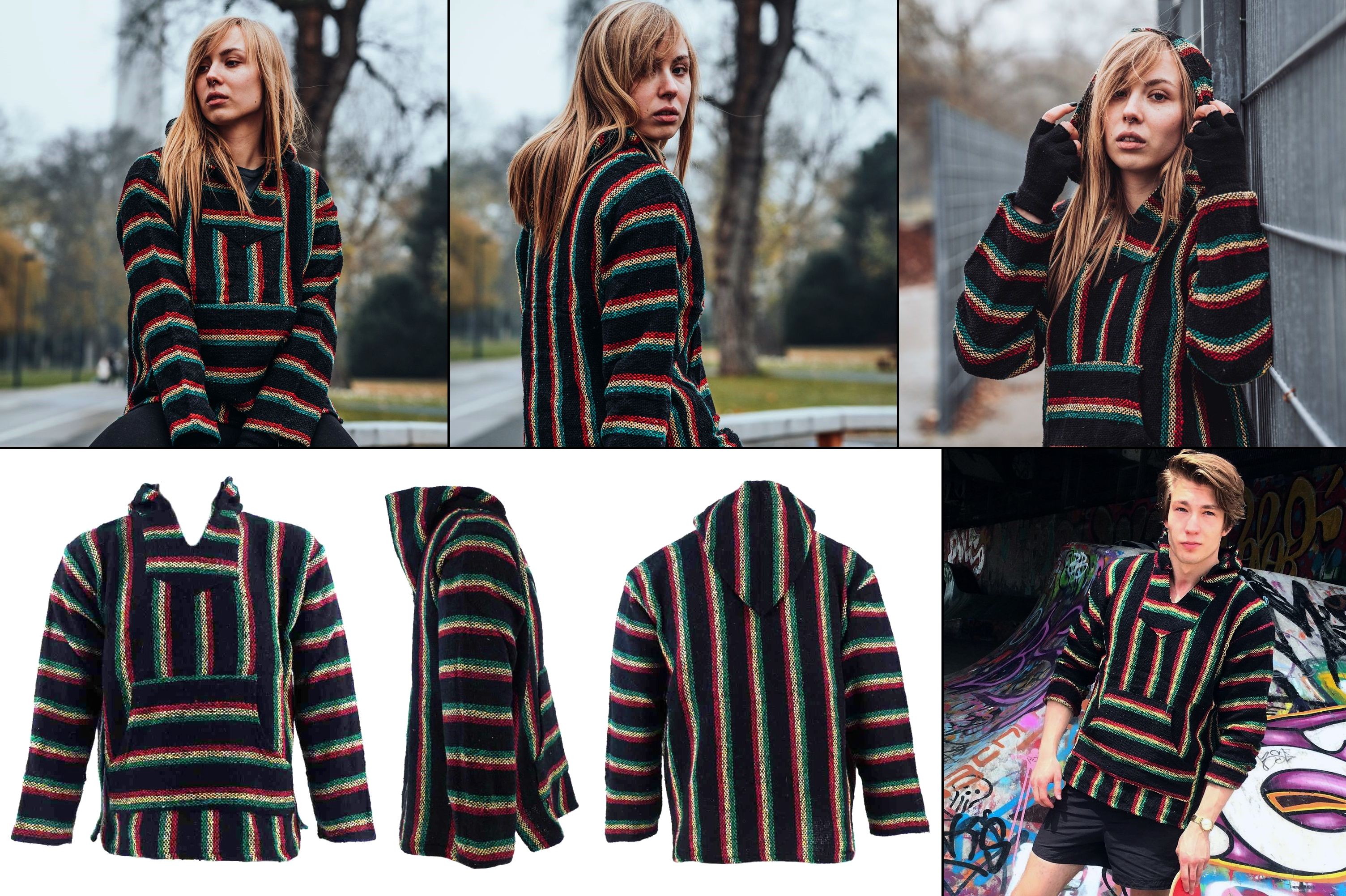 Mexická unisex mikina Baja Jerga rasta-černá