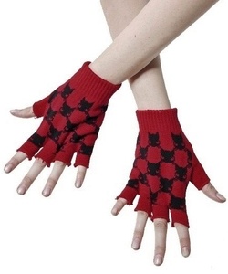 Gotické rukavice červené s kočičími hlavami