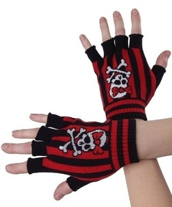 Emo rukavice červeno-černé s lebkou s mašlí