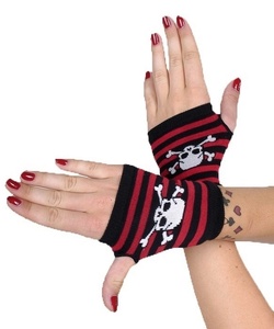 Gotické rukavice s červeným proužkem a lebkou